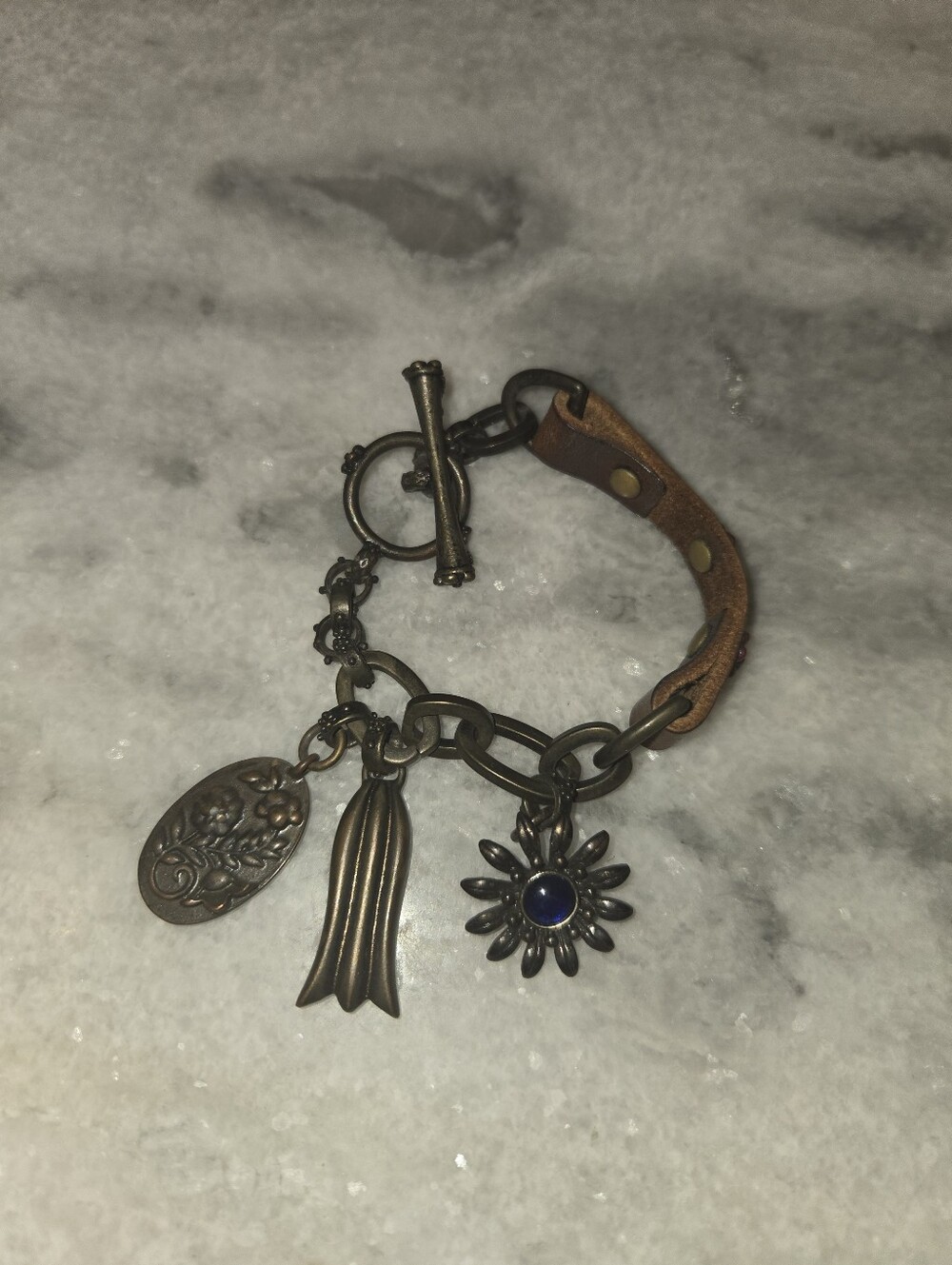 Vintage Leather & Chain Charm Bracelet – Floral & Tassel Accents